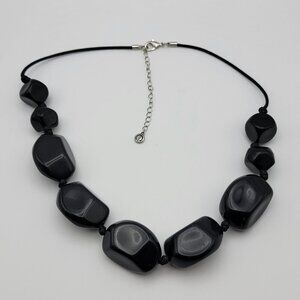 C1946 Black Chunky Bead Necklace 24 In Silver-Tone Adjustable Chain Graduated